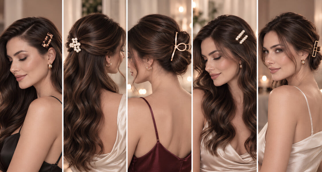Five easy date-night hairstyles using a claw clip, barrette, and hair clips