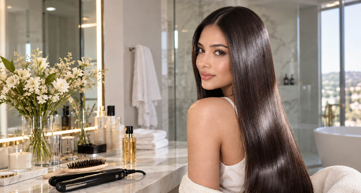 Woman with sleek, glossy glass hair reflecting the light